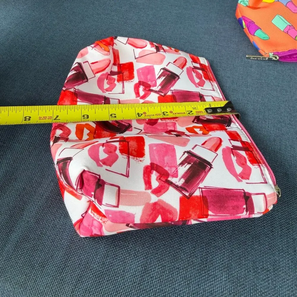 Clinique Cosmetic Bag Lipstick Print Makeup Travel Bag Lot of 2 Fabric Vtg?NOS